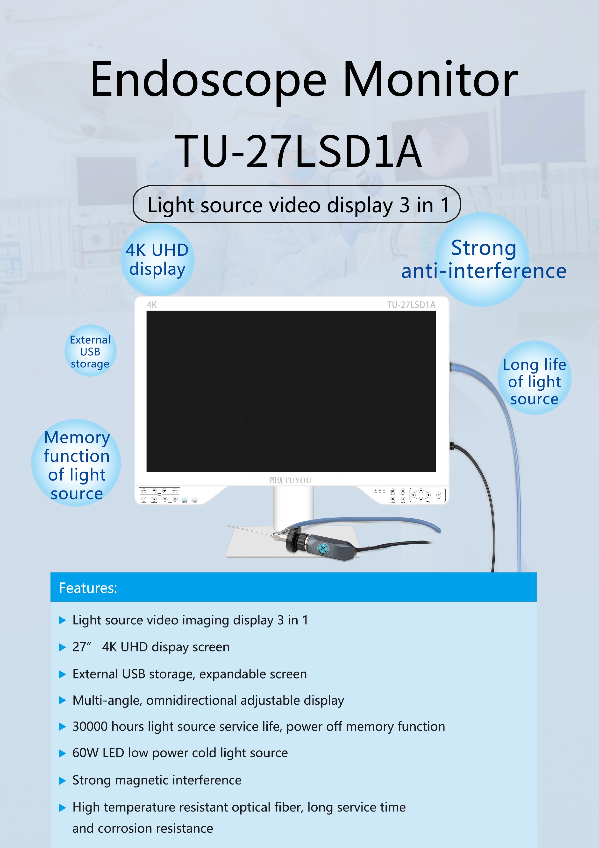 27 Inches Endoscope 4K For Laparoscopic Surgery With Light Source And Monitor