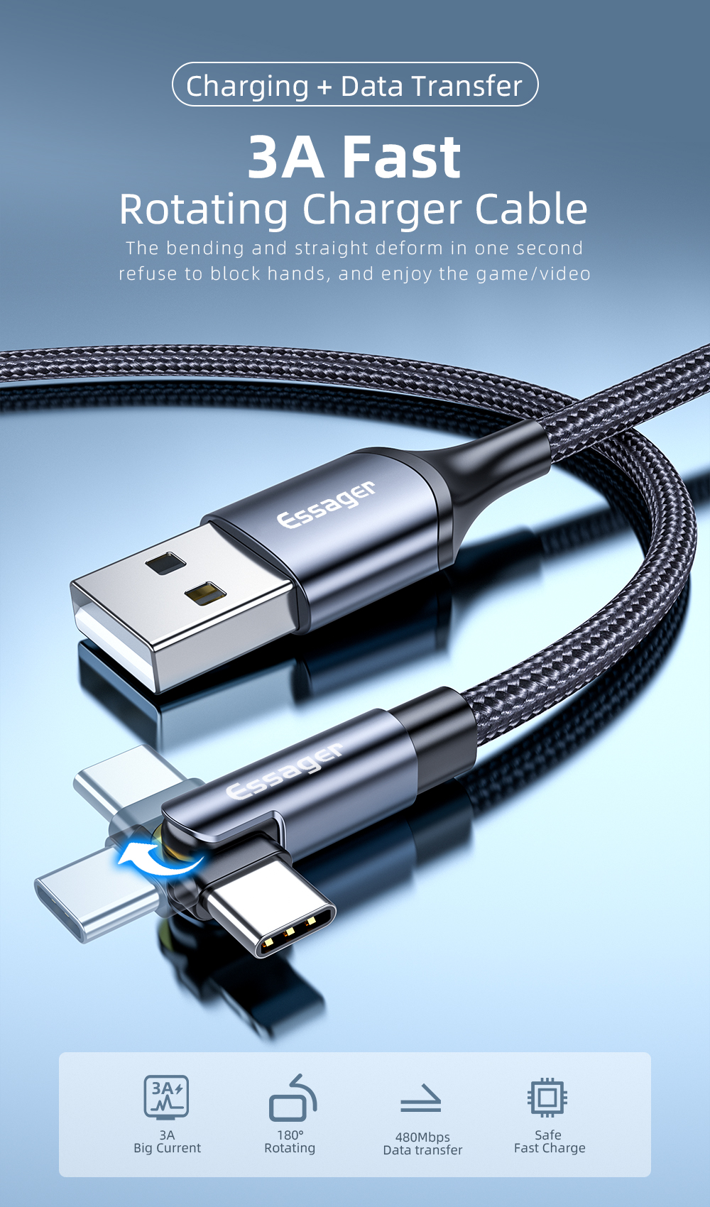 180 Degree Rotate USB Type C Cable 3A 1M 2M Fast Charging