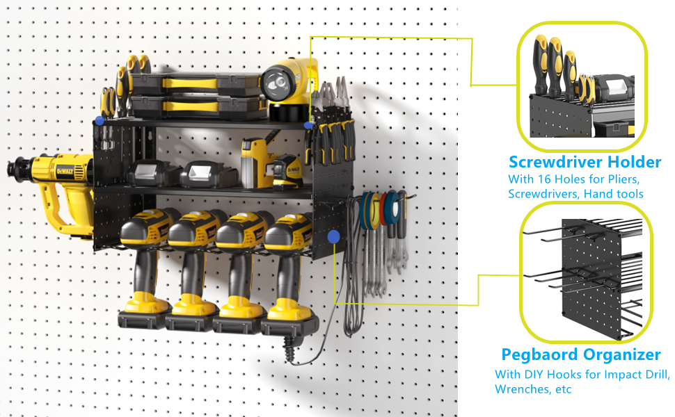 Stylish Cordless Drill Tool Holder Organization Storage Rack for Pegboard Power Tools