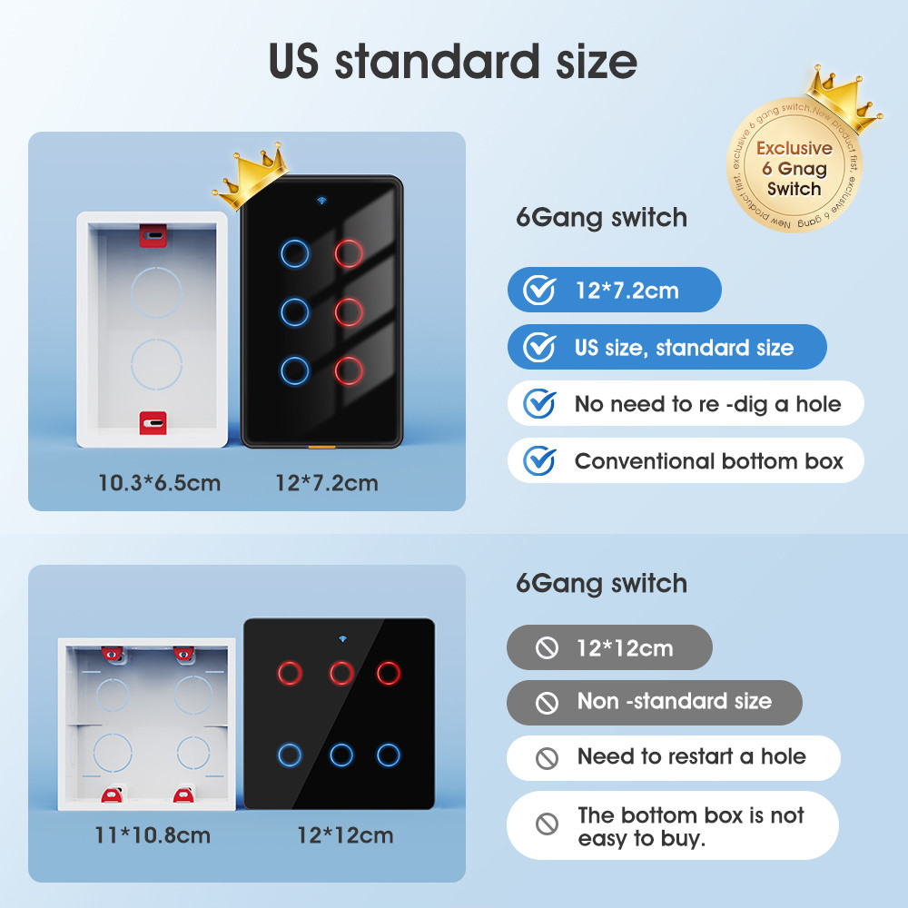 Tuya WiFi Switch Timing 6 Gang Voice App Alexa Google Home No Neutral Wire WiFi RF433 US Light Switch Smart Home