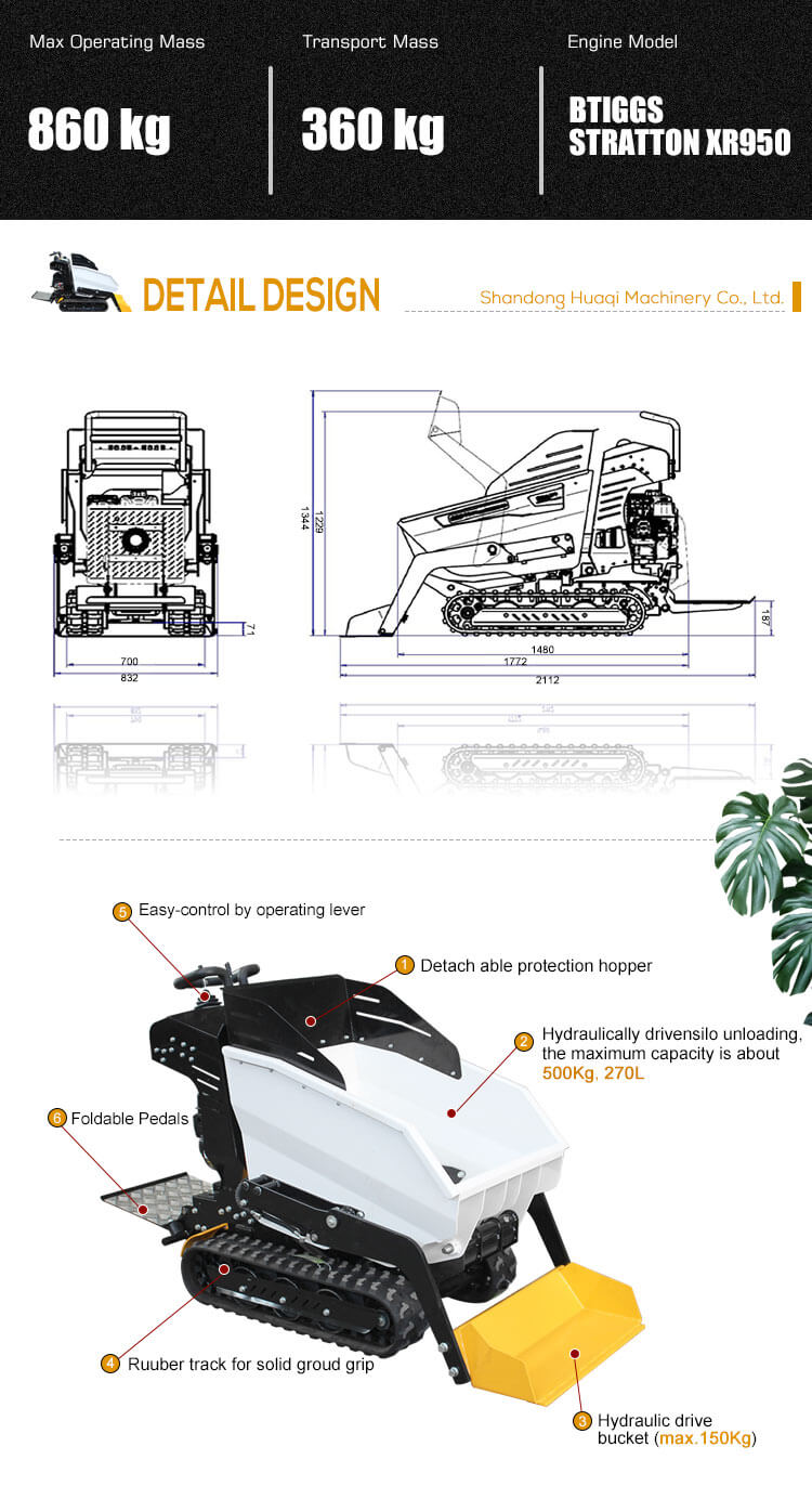 500KG Operating Weight Mini Dumper with Huaqi Valve and Stable Performance