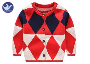 Quality Diamond Jacquard Boys Cardigan Sweater Round Neck Contrast Color Kid Knitwear wholesale