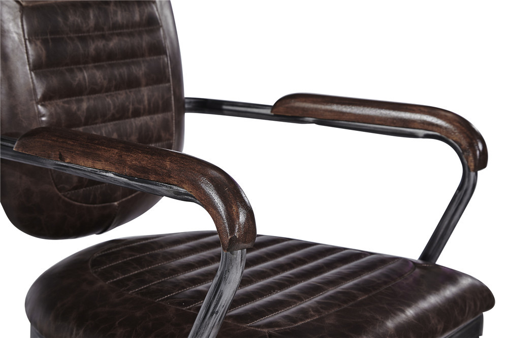 Vintage Brown Leather Office Desk Chair Small Space Swivel Wheel Legs Durable Iron Frame