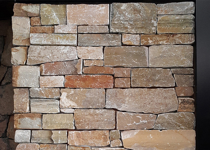 Split Finish Gold Brown Slate Meshed Back Wallstone Stacked Ledge Panel