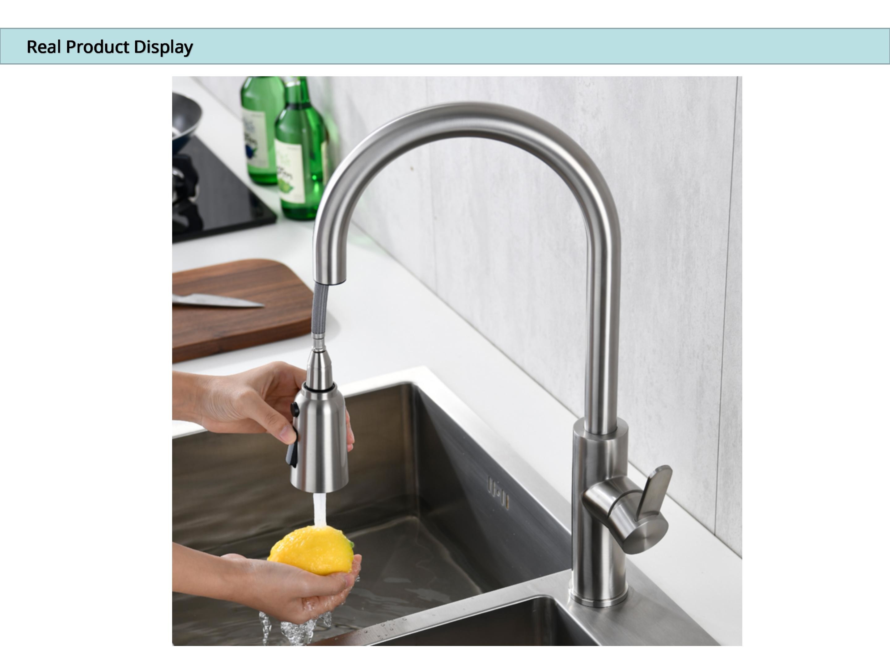 DC4.5-6.5V Brushed Nickel Gooseneck Kitchen Faucet With Pull Out Sprayer