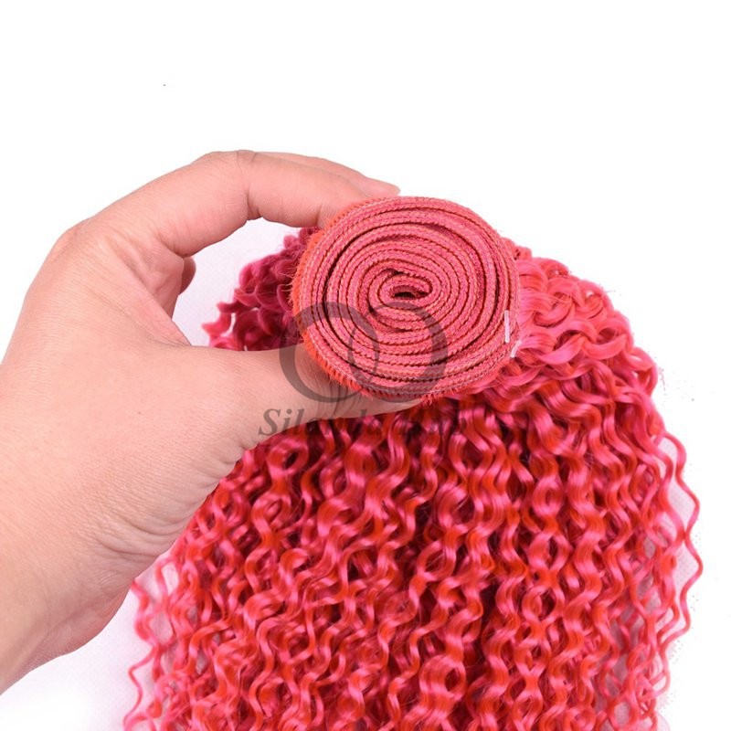 Pink Kinky Curly Remy Human Hair Bundles Sew In Weave Bundles Brazilian Bundle Deals
