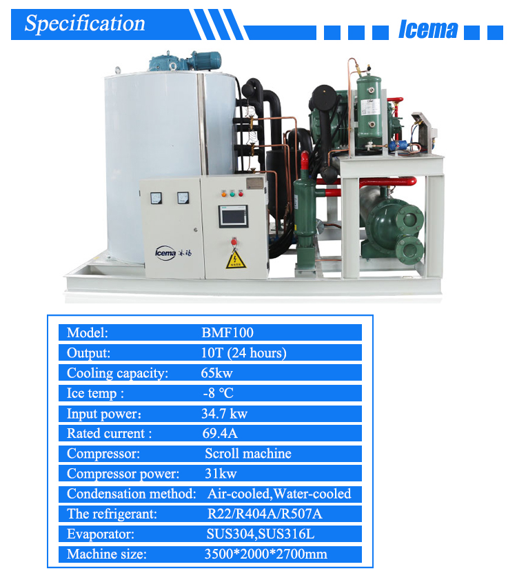 10 Tons Seawater Flake Ice Machine Commercial 32kw 380V