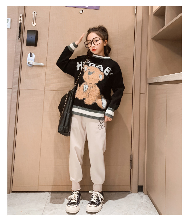 Autumn Warm Knit Jacquard Little Girls Clothes Round Neck