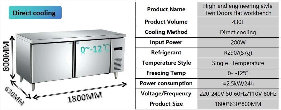 Energy Saving Two Door Undercounter Freezer Dustproof Commercial Countertop Freezer