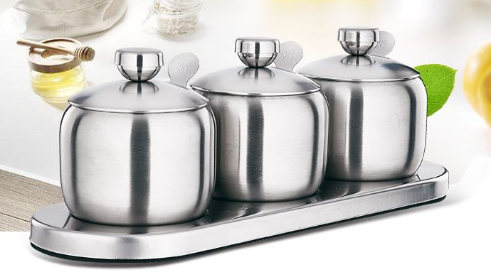 Kitchen Stainless Steel Cookwares Sugar Bowl With Clear Lid 3 Serving Spoons