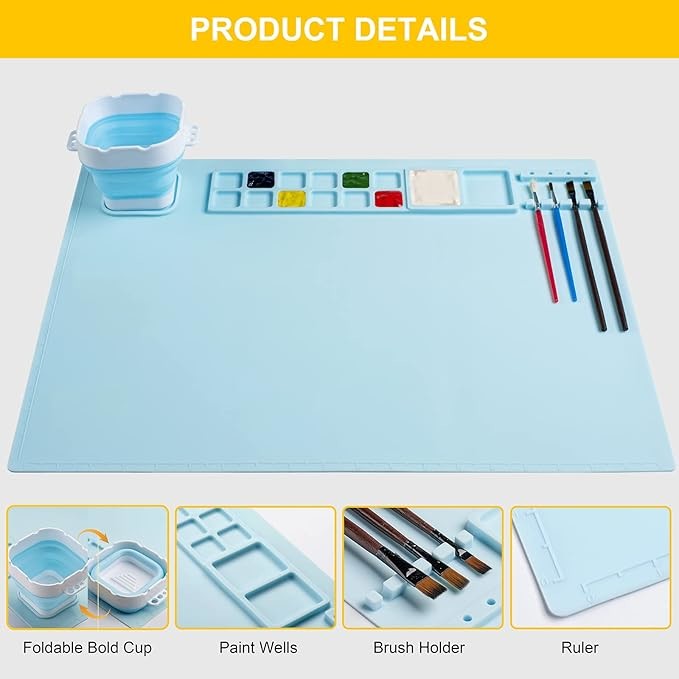 19.7"×15.7" Silicone Craft Mat With Cup And Brush Cleaner Tool For Art Clay Play Doh