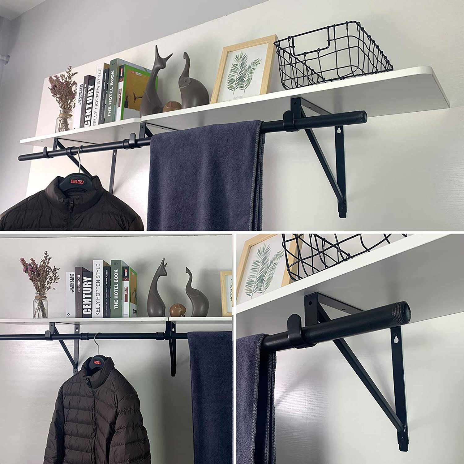 15*9inch Wall Mounted Shelf Brackets Clothes Hanger Pole Closet Rod Support Bracket