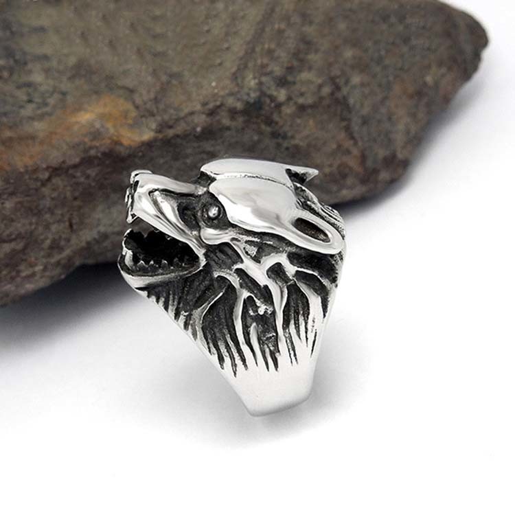 Fashion 925 Silver Plated Stainless Steel Engraved Wolf Vintage Old Ring (SA385)