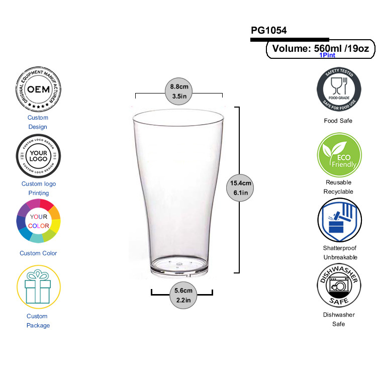 Nucleated Tulip Plastic Beer Glasses 560ml Unbreakable Polycarbonate Pint Glasses