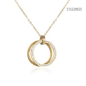 Quality Sumptuous Stainless Steel Fashion Necklaces Double Ring Rhinestone Pendant Necklace wholesale