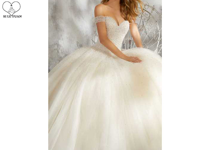 Sexy Ivory Ball Gown Wedding Dress Off Shoulder Short Sleeve Heavy Beading