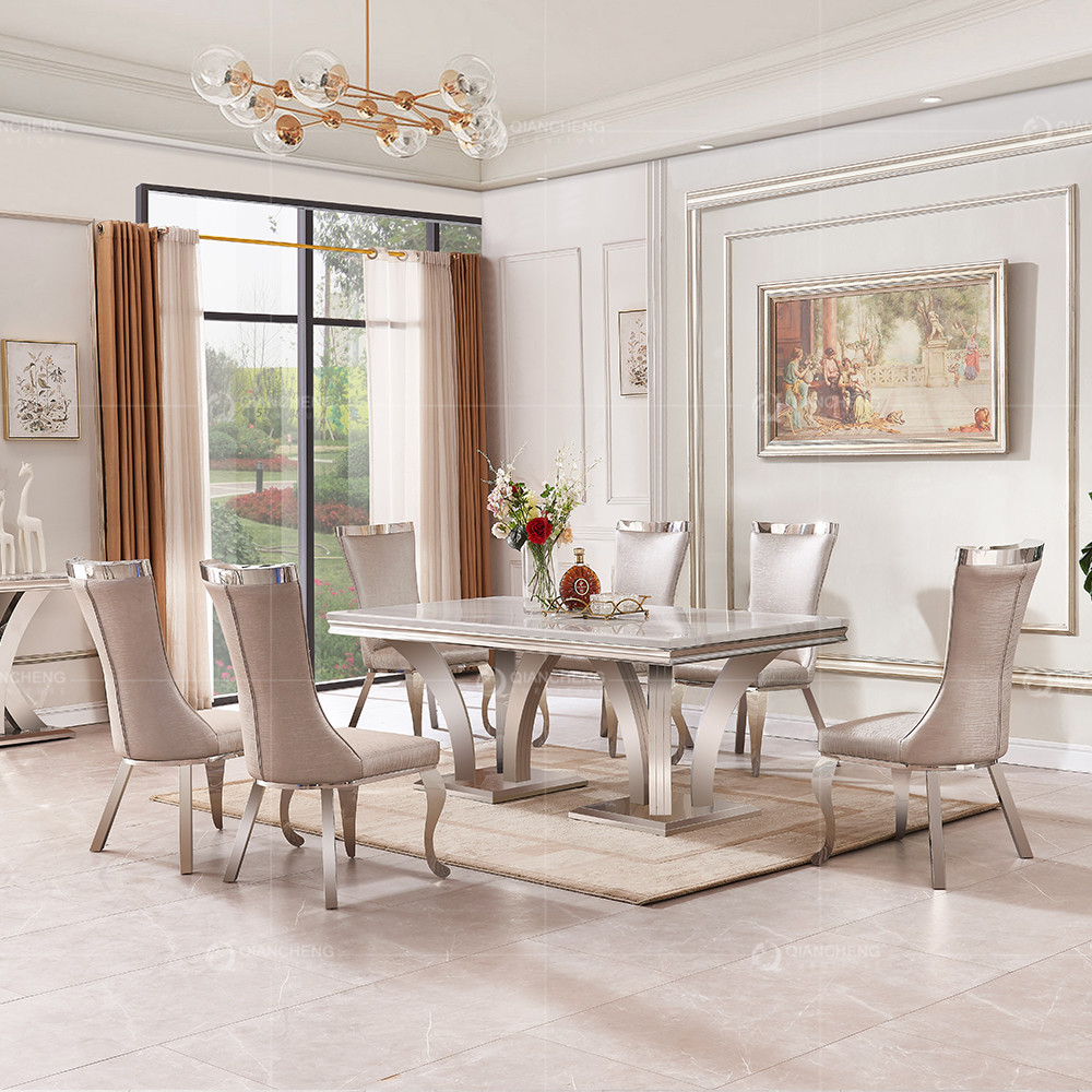 Narrow Luxury Faux Marble Dining Table Stainless Steel 200cm Grey