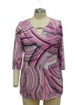 Geometric Pattern Ladies Casual T Shirts With Buckle 3 4 Sleeve V Neck Top