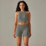 Seamless back solid color high waisted tight jacquard back bra vest yoga pants