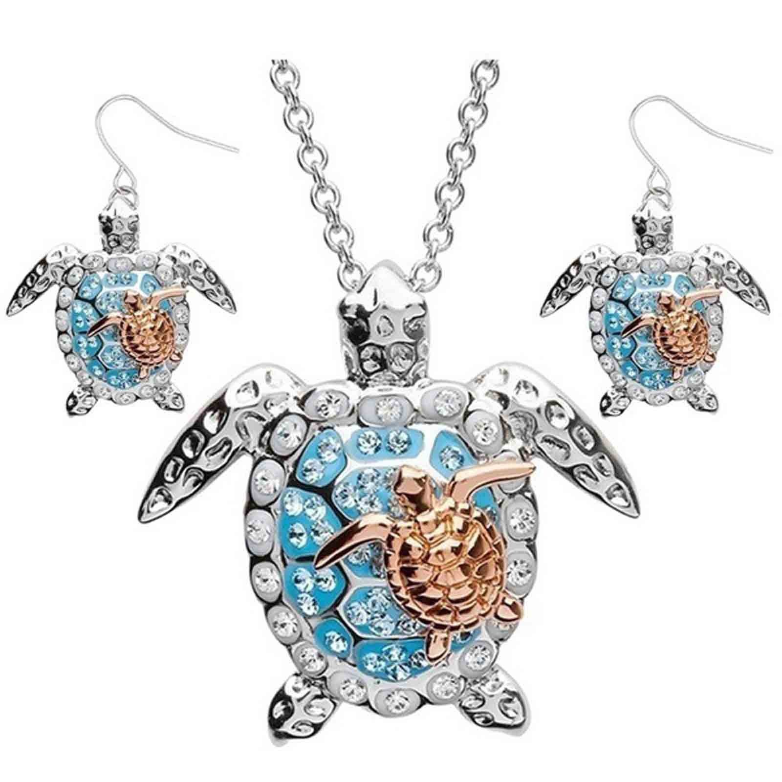 Green Sea Turtle Necklace Silver Chain Jewelry with Rhinestone Pendant For Casual Formal Attire Sea Life Necklace