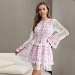 Polyester Embroidered Lace Dresses Breathable Long Sleeve Mesh Lace Dress