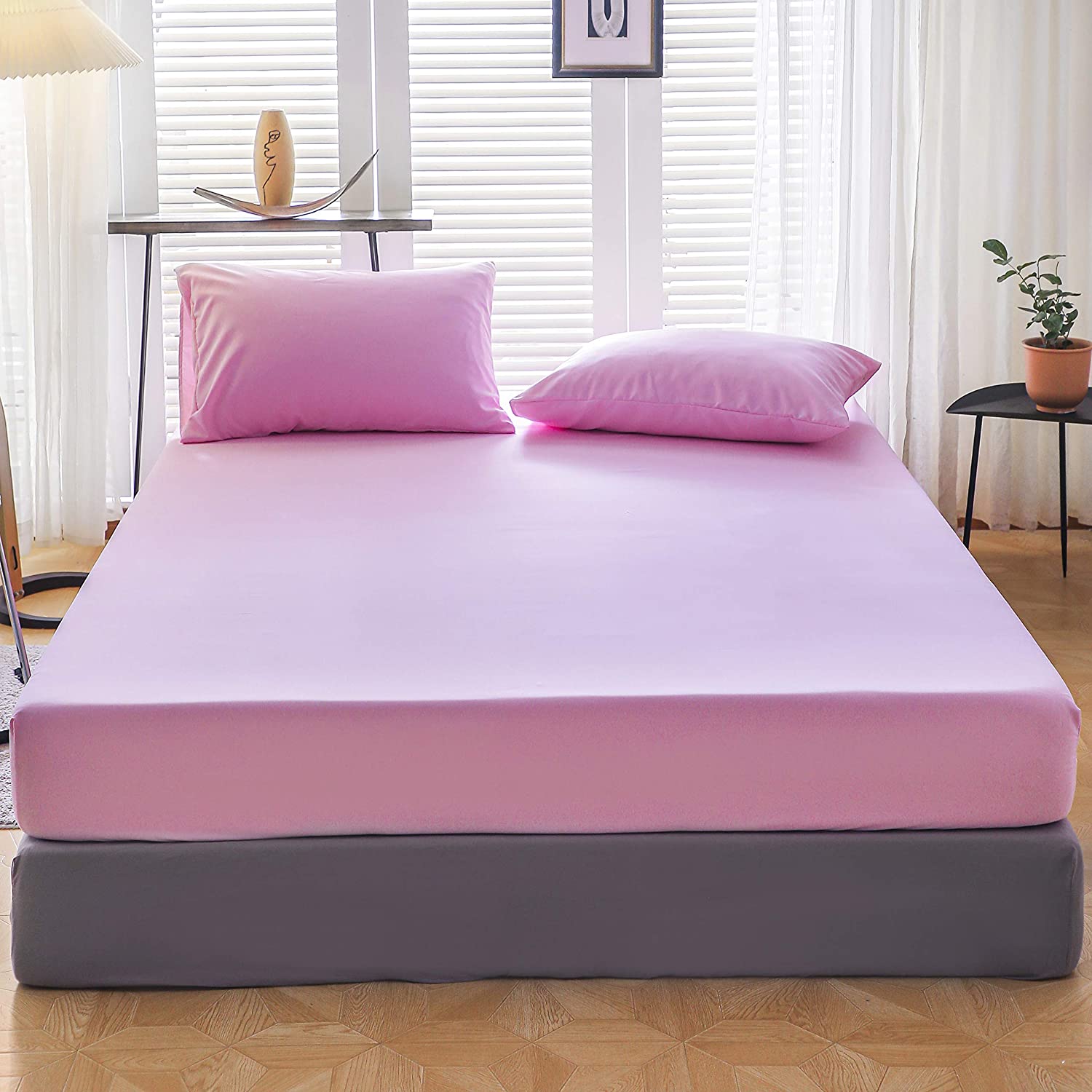 Air-permeable 3 Piece Bed Sheets Set with 2 Pillow Cases and 14 Inch Deep Pocket