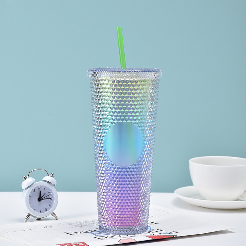 Studded Tumbler With Straw Tumblers With Lids And Straws Pink Tumbler With Straw Textured Cup BPA-Free Double-Wall Plastic Tumblers For Iced Coffee