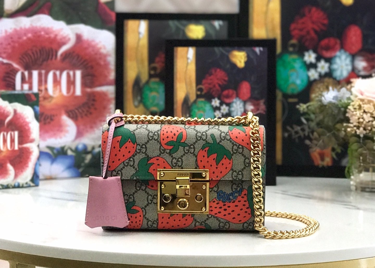 Retro Art Padlock Chain Handbag Monogram Leather Many Stars Love 13cm Width