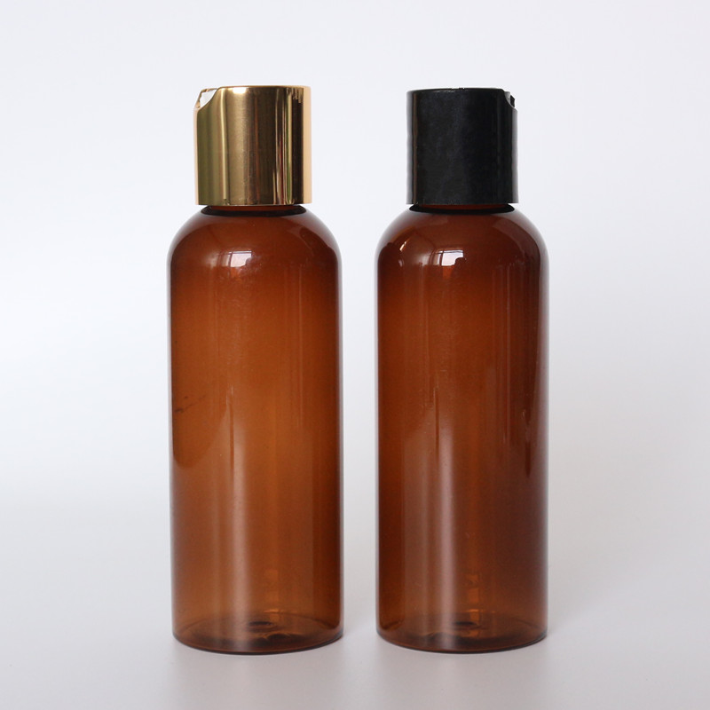 100ML PET Plastic Bottles Clear Cosmo Round Bottles With Natural Disc Top Caps