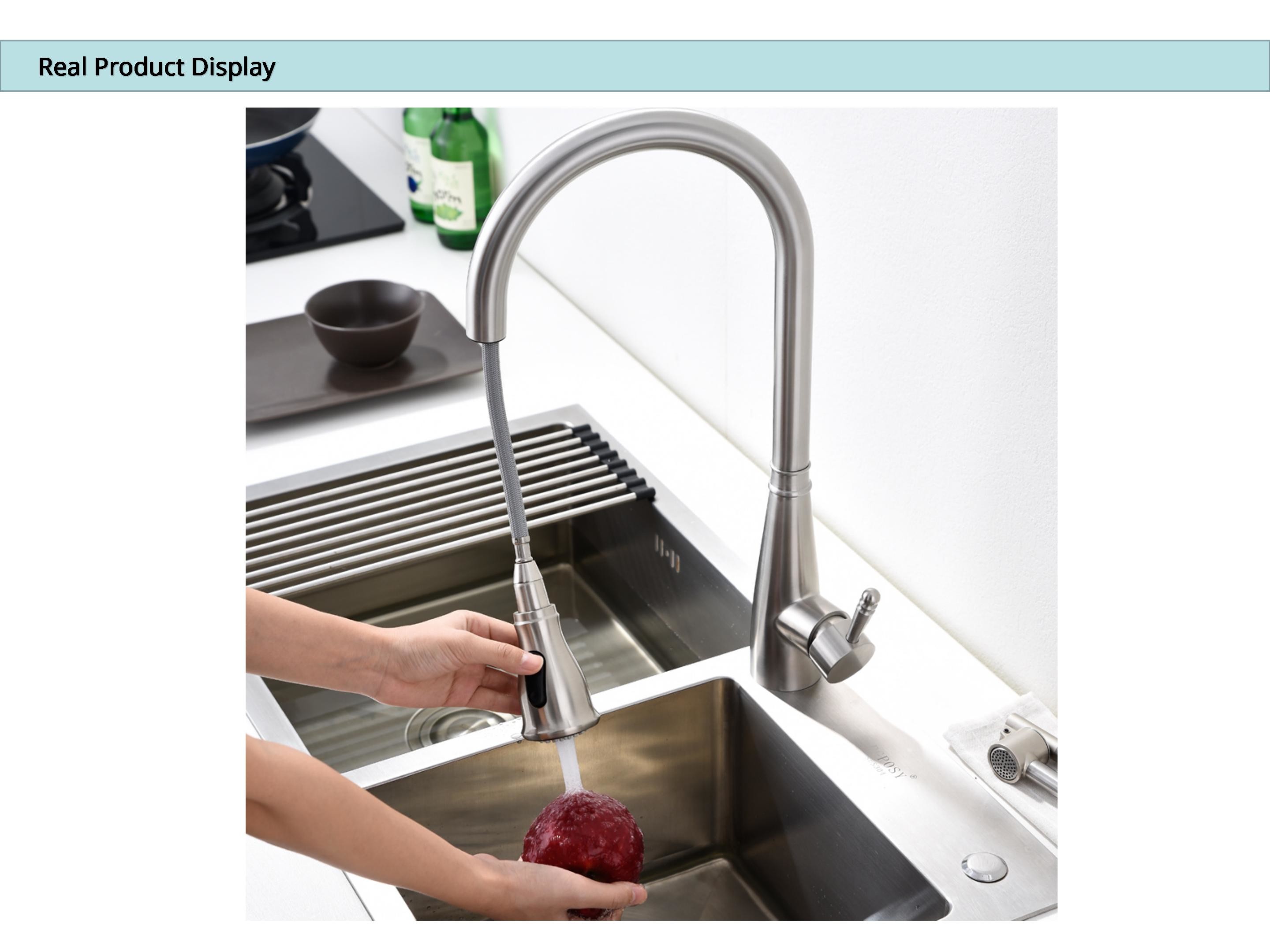 High Arc Gooseneck Kitchen Tap Extendable Spray Head Sink Faucet