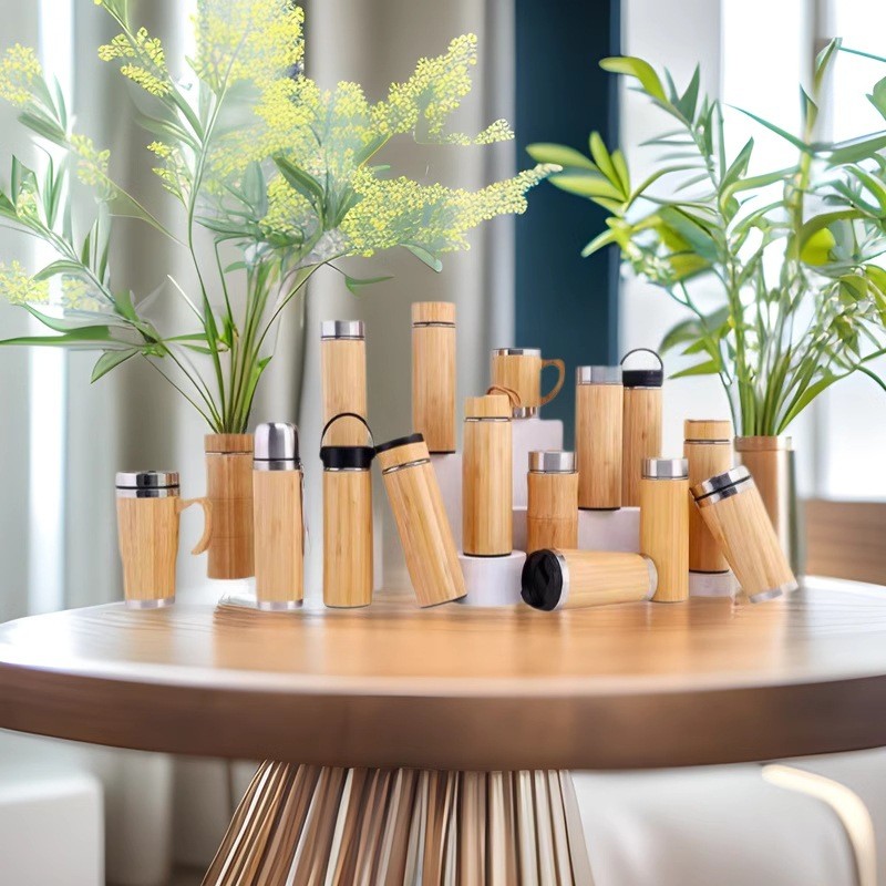 500ml Custom Logo Bamboo Fiber Wooden Drinking Bottle With Filter Cup Vacuum Flasks Water Bottle With Bamboo Lid Tea Infuser