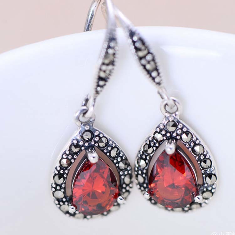 Sterling Silver Synthetic Garnet Marcasite Retro Drop Earrings(XH0305)