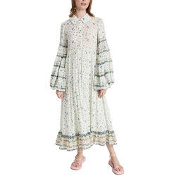Ladies Viscose Tiered Maxi Floral Print Long Balloon Sleeve Collared Neck Shirt Dress for Women