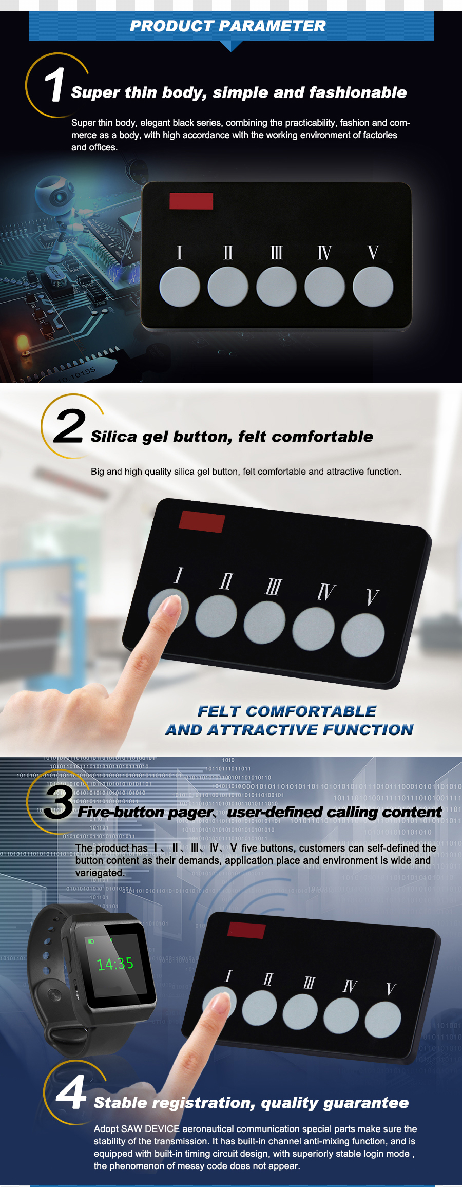 Simple fashion design wireless pagert system super thin five keys call button for office and factory