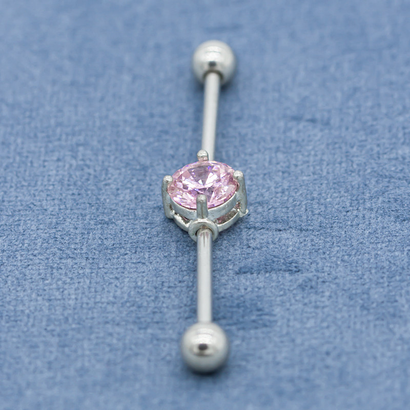 Pink Zircon Stone Industrial Bar Jewelry 40mm Surgical Steel Piercings