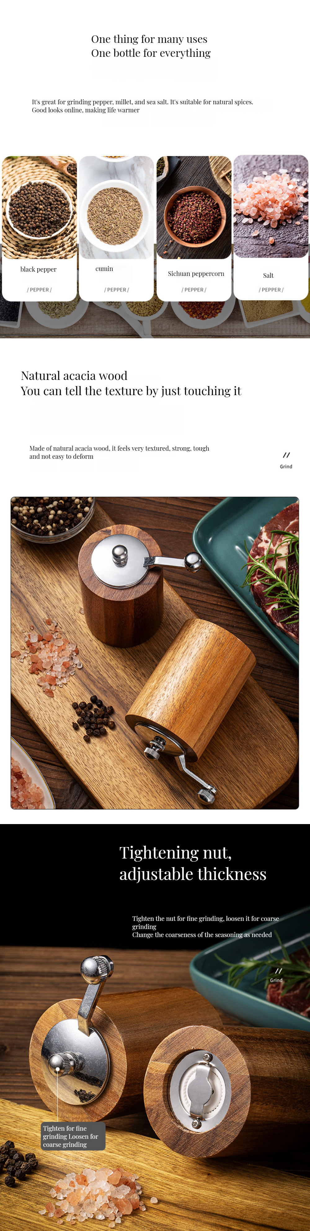 Adjustable Coarseness Hand-Cranked Flax Seed Grinder in Wood Material for Pepper Mill