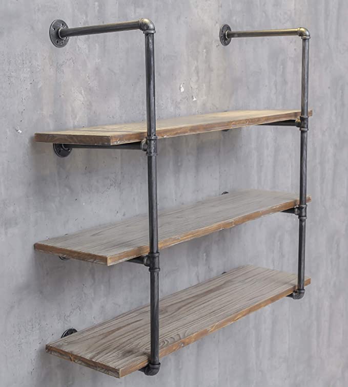 Standard Industrial Black Iron Pipe Shelf Brackets for DIY Open Bookshelf Installation