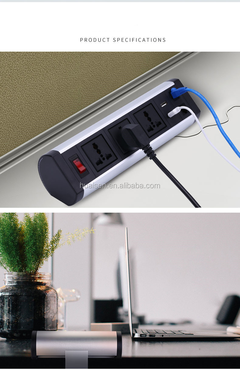 Conference Table Mount Power Strip Socket Clamp Mounted Surge Protector Dual USB