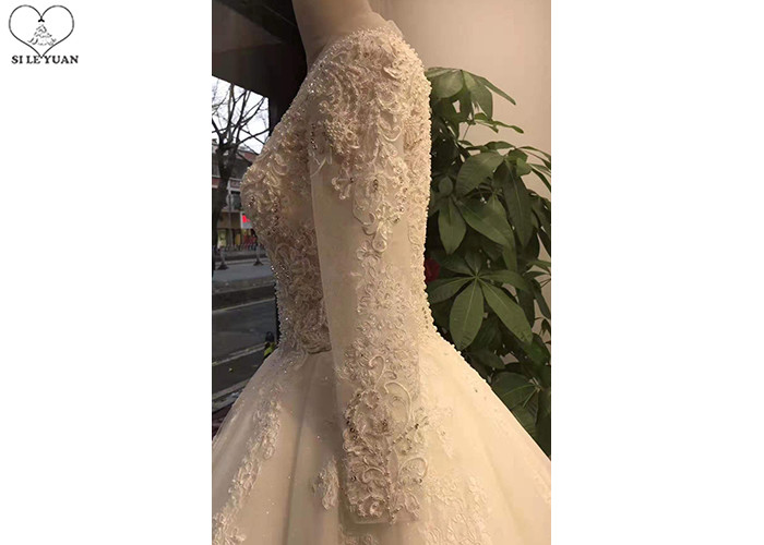 Custom White Ladies Bridal Gown With Sleeves Deep V Neck Buttons Back Style