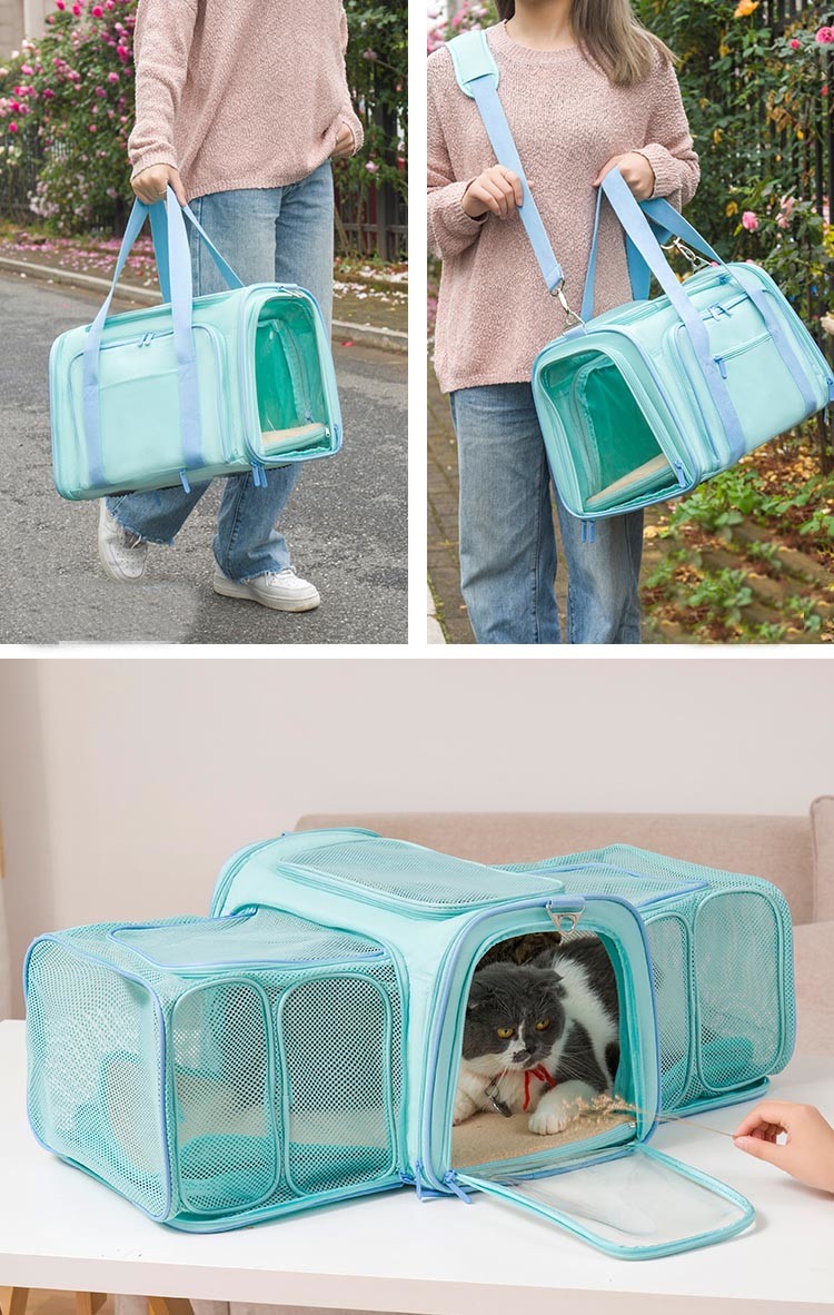 Expandable Cat Dog Soft-Sided Pet Travel Carrier Bag With Removable Fleece Pad And Pockets