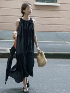 Quality Black 90% Lyocell Material Stretch Tencel Sleeveless Dress Size 38 40 wholesale