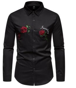 Quality Apparel Custom Factory China Men'S Polyester Blend Casual Long Sleeve Rose Embroidery Square Neck Shirt wholesale