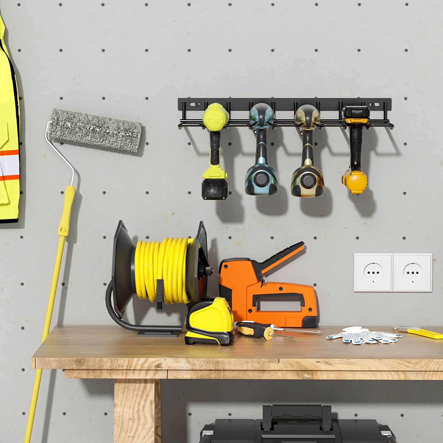 5 Drill Holders Wall Mount Metal Shelf Heavy Duty Steel Power Tool Storage for Garage
