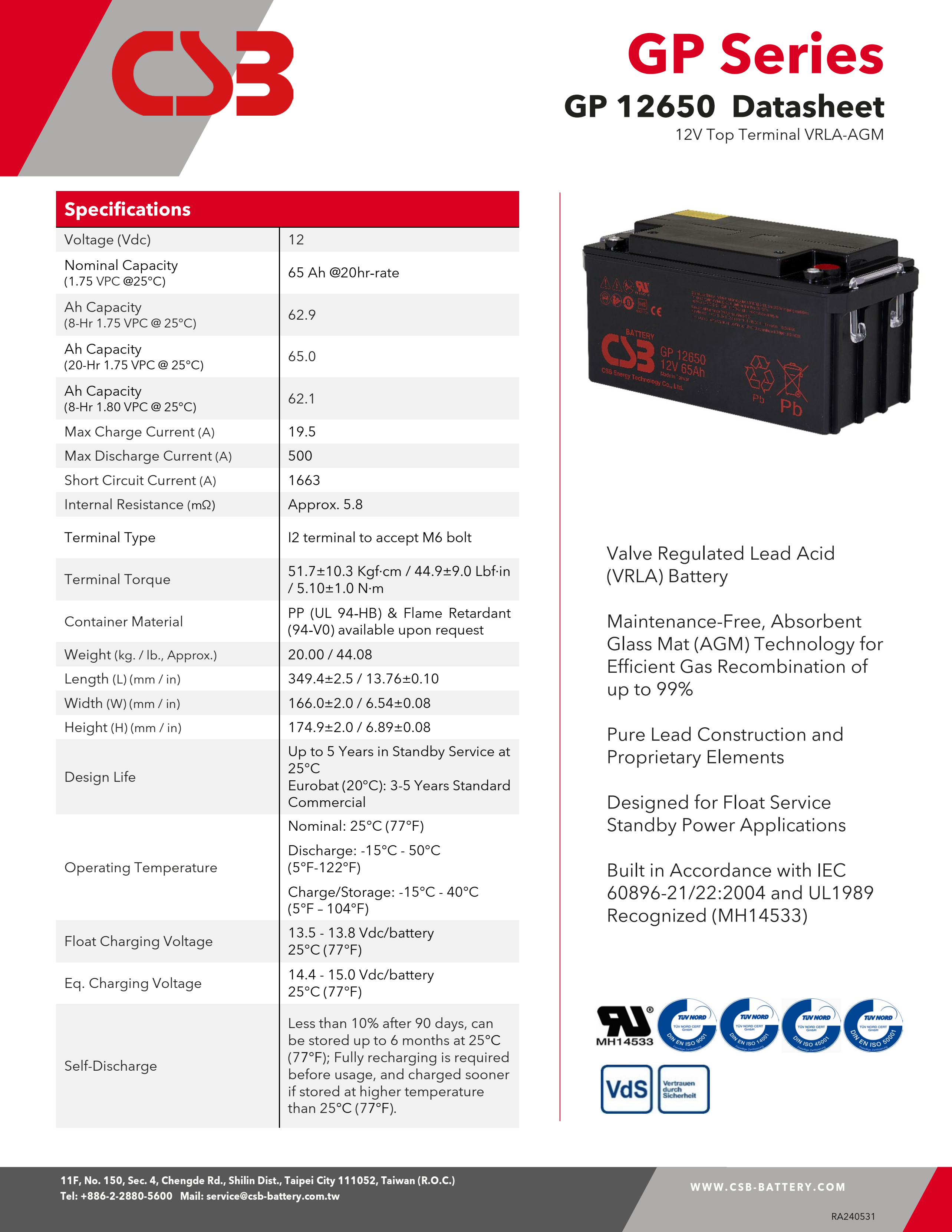 CSB GP12650 12V 65Ah Energy Storage Rechargeable VRLA 12V 65Ah CSB Battery