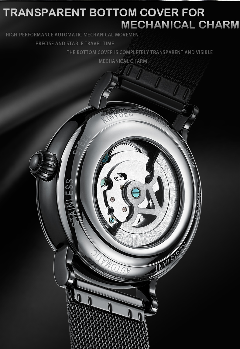 KINYUED J069 skeleton luxury leather waterproof quartz oem brand hands wristwatches custom logo wrist mens watch montre