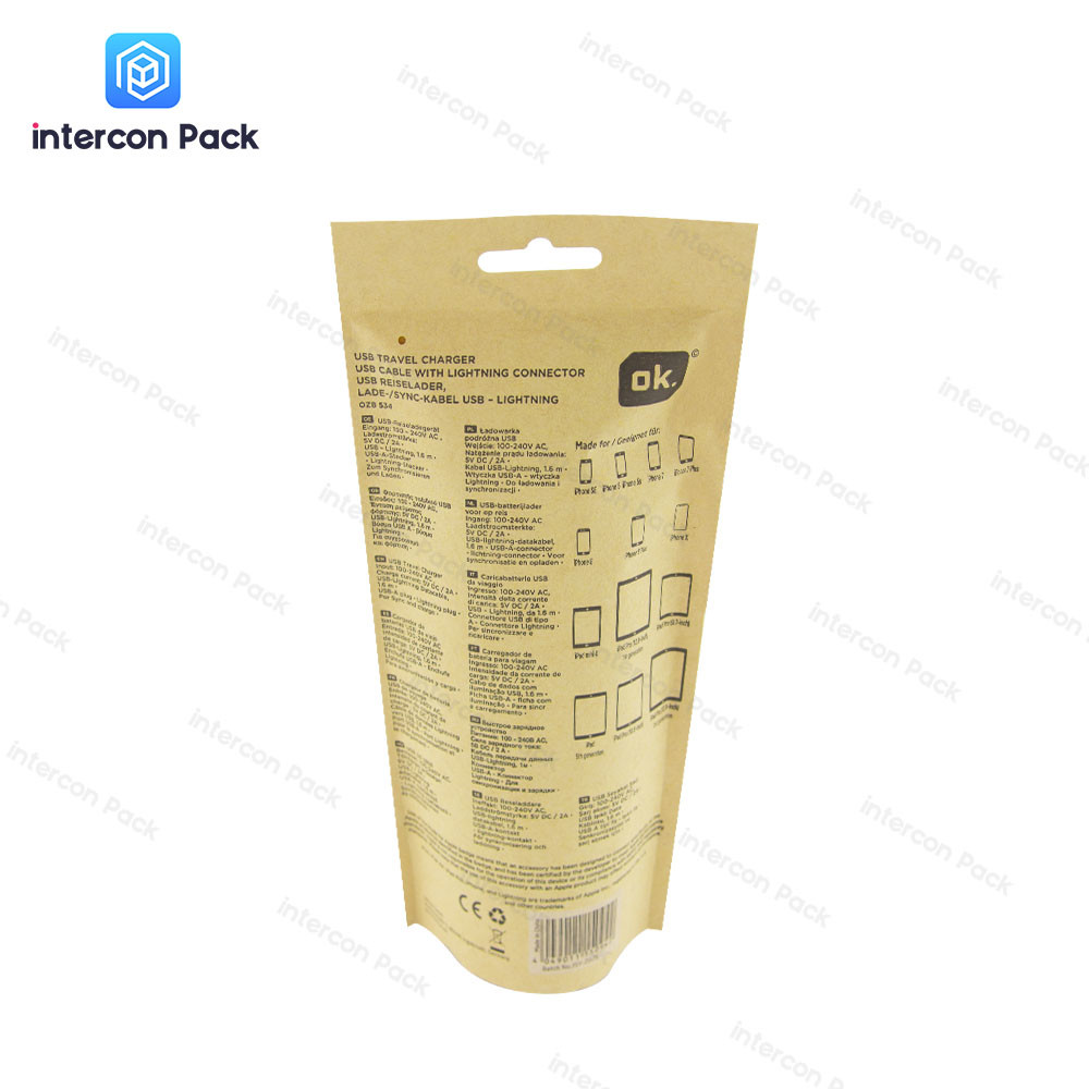 brown kraft paper pouch multiple sizes resealable zip bag for electronic products with clear window low MOQ