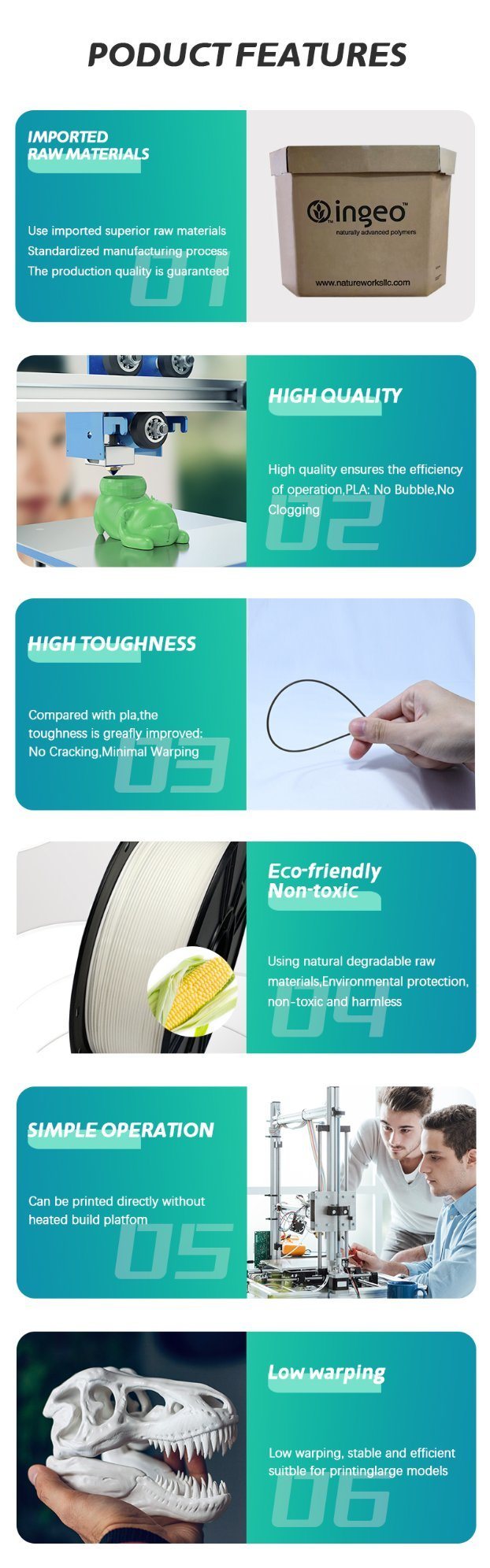 Strong Toughness for 3D Printer 18 Colors Skin Tone PLA Filament High Quality