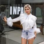 Crystal Embellished Heart Cut Out Shirt Blouse Chic Black High Waisted Lace Tops