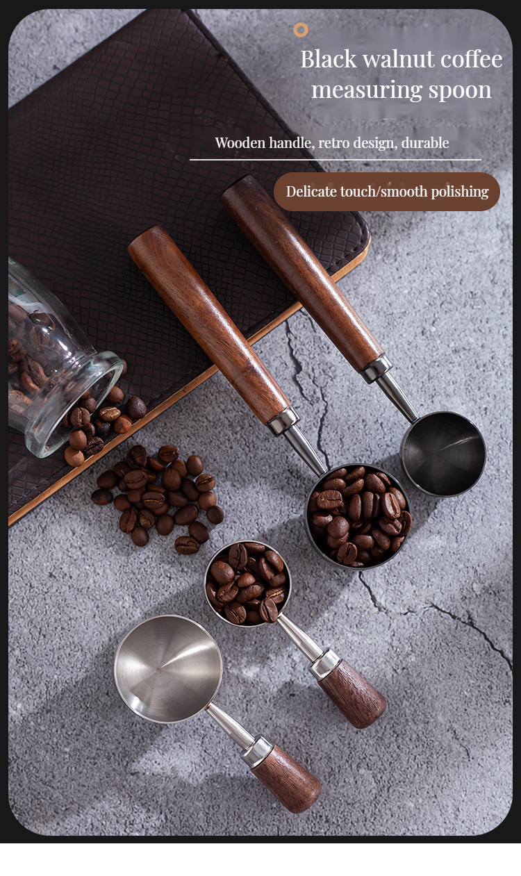 Coffee Scoop with Luxury Walnut Handle and 15ml 30ml Stainless Steel Measuring Spoons