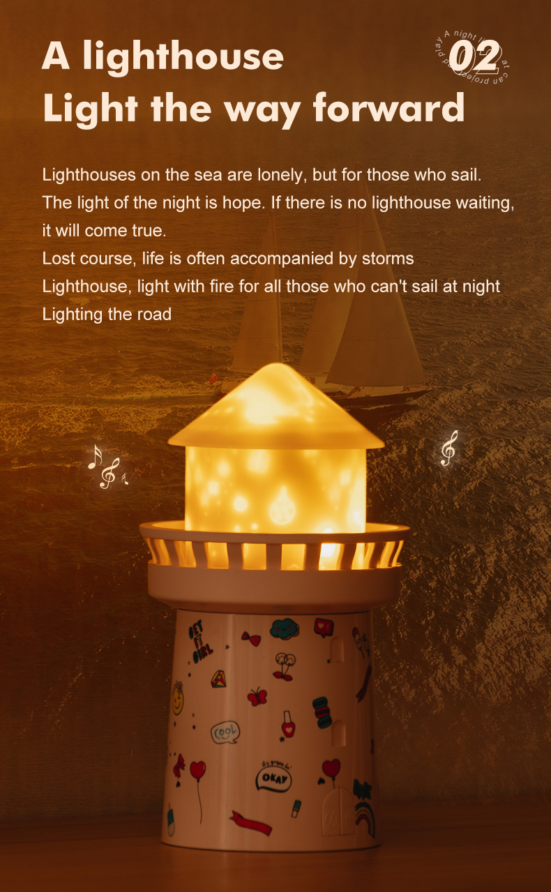 2022 Creative Gift 360 degree Rotating Watchtower Projection lamp 1500mAh Rechargeable sleeping Night Light Music Box Fo